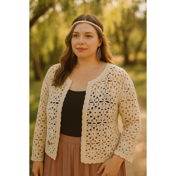 Ultra Pink Sweaters - Ultra Pink Women Long Sleeve Top Crochet Open Knit Cardigan Romantic Boho Sz XL